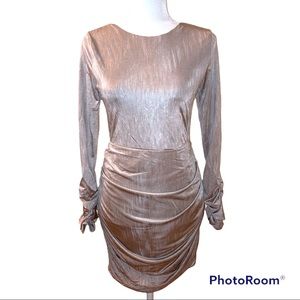 Satin Backless Dress Open Back Ruched Shiny Taupe Medium